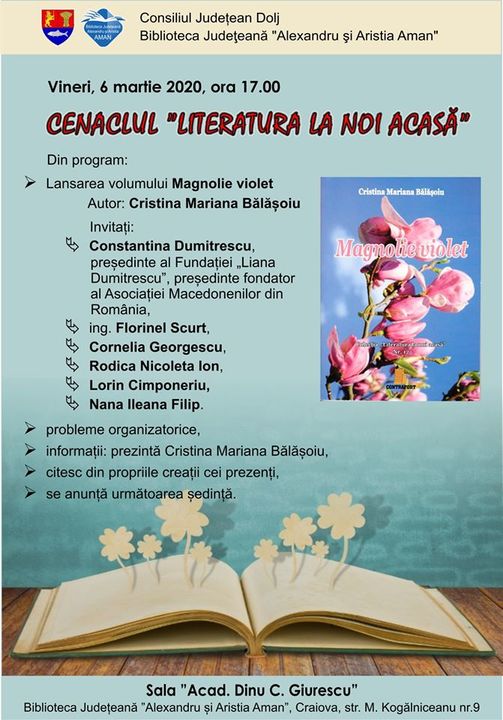 Lansarea volumului „Magnolie violet”, autor Cristina Mariana Bălășoiu
